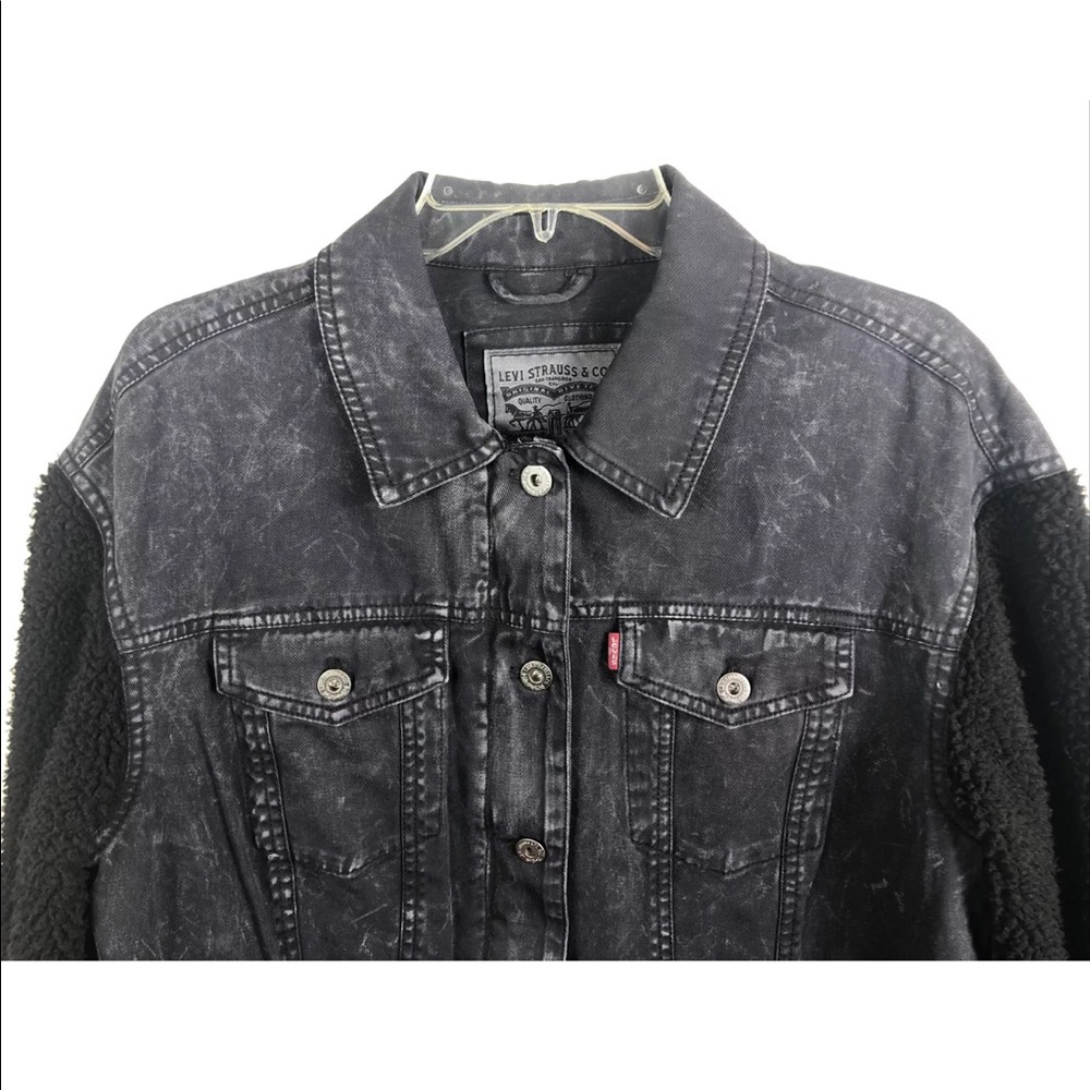 Levi’s Acid Washed Black Denim Trucker Jacket Lrg - Picture 4 of 12